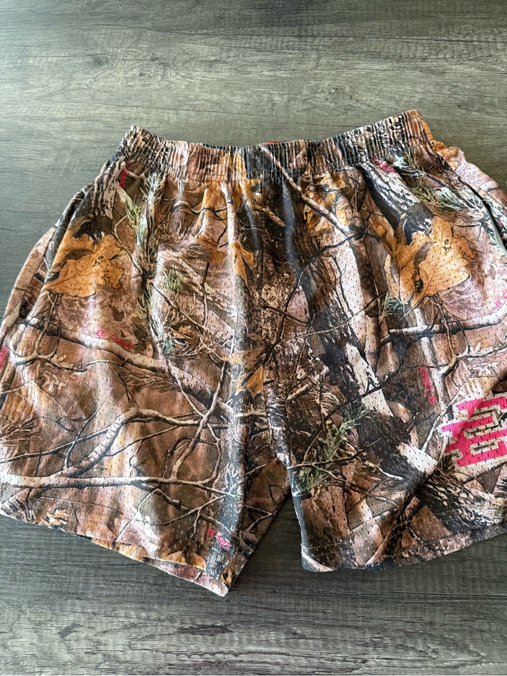 Eric Emanuel Brown Camouflage Athletic Shorts with Pink Logo
